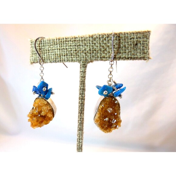 Natural Rough Citrine Turquoise Sterling Silver Dangle Earrings Healing Jewelry - Picture 5 of 8